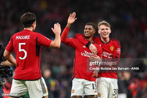 Harry Maguire, Marcus Rashford and Scott McTominay of Manchester United celebrating the victory during the Emirates FA Cup Quarter Final match...