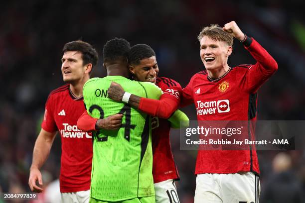 Andre Onana, Harry Maguire, Marcus Rashford and Scott McTominay of Manchester United celebrating the victory during the Emirates FA Cup Quarter Final...