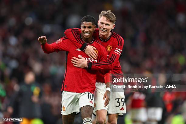 Marcus Rashford and Scott McTominay of Manchester United celebrating the victory during the Emirates FA Cup Quarter Final match between Manchester...