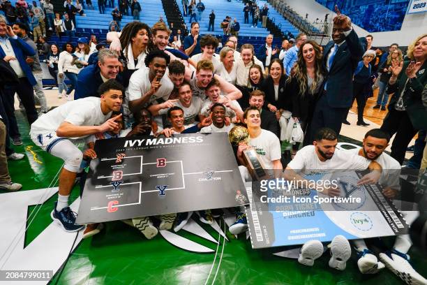 Yale Bulldogs Guard Devon Arlington punches Yale's ticket to the NCAA Tournament after the victory with the rest of the team during the Ivy League...