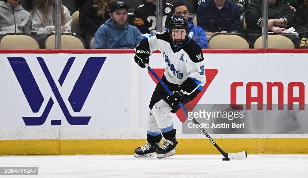 Jocelyne Larocque of Toronto skates with the puck in the first period during the PWHL game against Montreal at PPG PAINTS Arena on March 17, 2024 in...