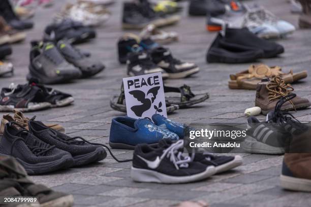 View from the exhibition of 14.000 children's shoes symbolizing Palestinian children who lost their lives in Israeli attacks on Gaza in Utrecht, The...