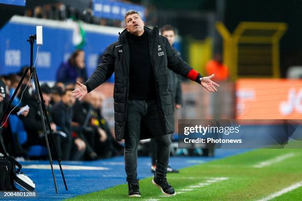 Garcia Oscar head coach of OH Leuven looks dejected during the Jupiler Pro League match between OH Leuven and KV Mechelen at the King Power at Den...