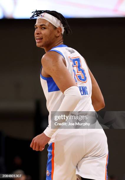 Ousmane Dieng of the Oklahoma City Blue smiles during the game against the Memphis Hustle on March 17, 2024 at Landers Center in Southaven,...