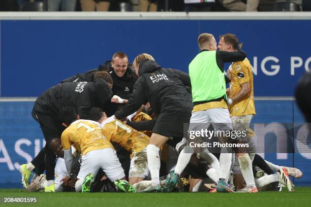 The team of OH Leuven celebrates after the 1-0 winning goal of Nsingi Nachon forward of OH Leuven during the Jupiler Pro League match between OH...