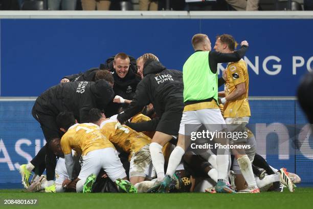 The team of OH Leuven celebrates after the 1-0 winning goal of Nsingi Nachon forward of OH Leuven during the Jupiler Pro League match between OH...