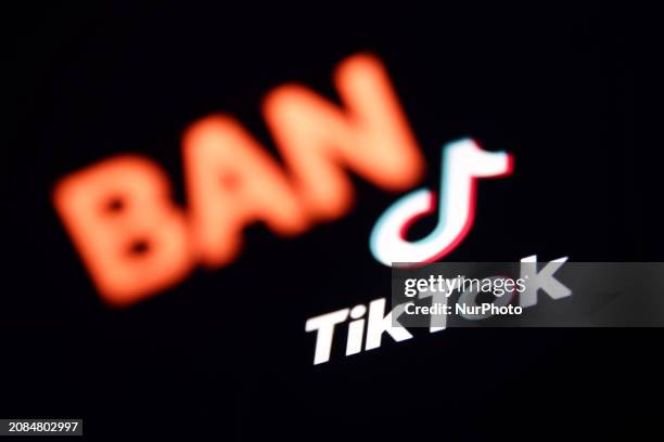 Ban sign displayed on a laptop screen and TikTok logo displayed on a phone screen are seen in this multiple exposure illustration photo taken in...