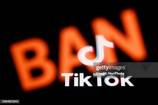 Ban sign displayed on a laptop screen and TikTok logo displayed on a phone screen are seen in this multiple exposure illustration photo taken in...