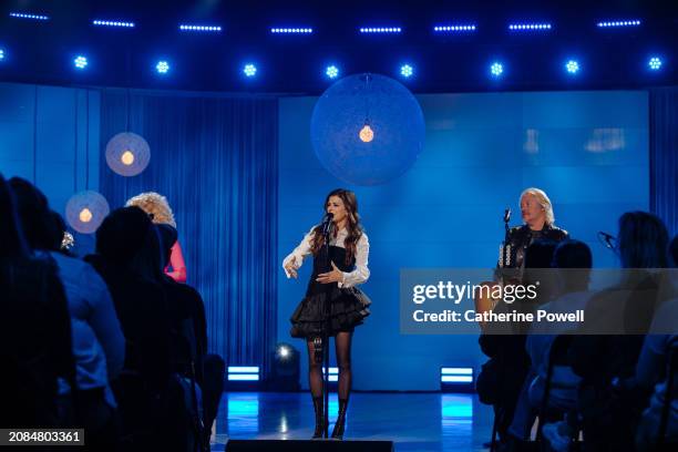 Little Big Town's Karen Fairchild and Philip Sweet perform at CMT Storytellers at World Wide Stages on February 22, 2024 in Spring Hill, Tennessee.