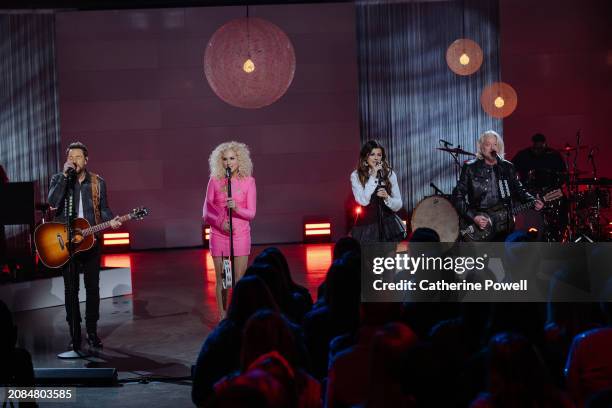 Little Big Town's Jimi Westbrook, Kimberly Schlapman, Karen Fairchild and Philip Sweet perform at CMT Storytellers at World Wide Stages on February...