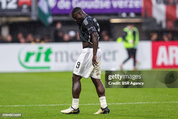 Brian Brobbey of AFC Ajax injured his hamstring and leaves the pitch during the Dutch Eredivisie match between Sparta Rotterdam and Ajax at...