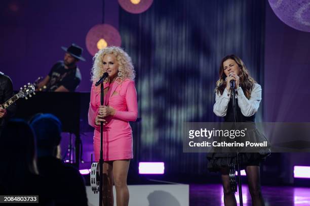 Little Big Town's Kimberly Schlapman and Karen Fairchild perform at CMT Storytellers at World Wide Stages on February 22, 2024 in Spring Hill,...