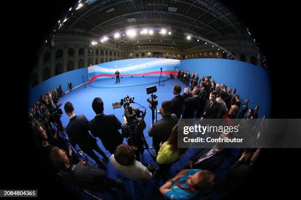 Russian President Vladimir Putin speaks during his press conference at his campaign headquarters, early March 2024, in Moscow, Russia. Russian...