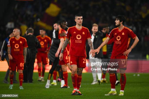 Gianluca Mancini and Sardar Azmoun of A.S. Roma are greeting the fans during the 29th day of the Serie A Championship between A.S. Roma and U.S....