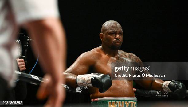Mayo , Ireland - 17 March 2024; Dillian Whyte reacts after the his heavy weight bout against Christian Hammer was stopped by Hammer's corner,...