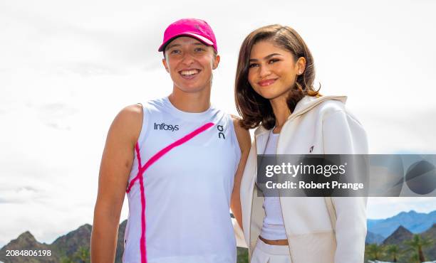 Iga Swiatek of Poland meets actress Zendaya after defeating Maria Sakkari of Greece in the womens singles final of the BNP Paribas Open at Indian...