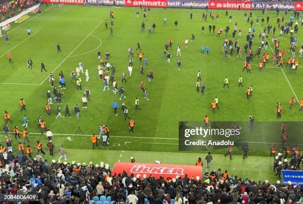 An aerial view of supporters entering on the pitch after the Turkish Super Lig week 30 football match between Trabzonspor and Fenerbahce at Papara...