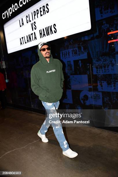 Trae Young of the Atlanta Hawks arrives to the arena before the game against the LA Clippers on March 17, 2024 at Crypto.Com Arena in Los Angeles,...