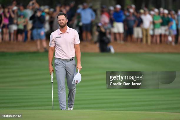 Wyndham Clark reacts on the 18th green during the final round of THE PLAYERS Championship at Stadium Course at TPC Sawgrass on March 17, 2024 in...