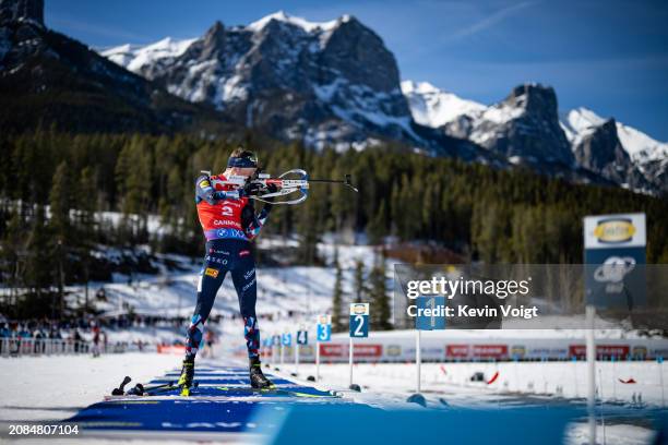 Tarjei Boe of Norway at the shooting range during the Men 15 km Mass Start at the BMW IBU World Cup Biathlon on March 17, 2024 in Canmore, Canada.