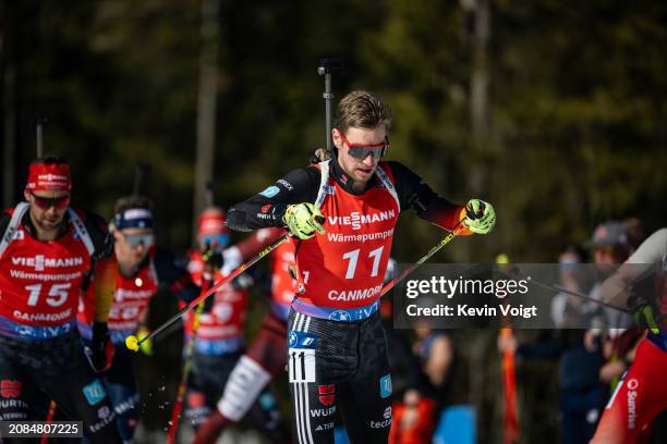 Johannes Kuehn of Germany in action during the Men 15 km Mass Start at the BMW IBU World Cup Biathlon on March 17, 2024 in Canmore, Canada.