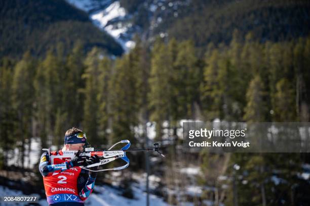 Tarjei Boe of Norway at the shooting range during the Men 15 km Mass Start at the BMW IBU World Cup Biathlon on March 17, 2024 in Canmore, Canada.