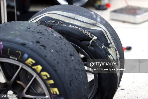 Goodyear 18" racing eagles after failing during the running of the NASCAR Cup Series Food City 500 on March 17, 2024 at Bristol Motor Speedway in...