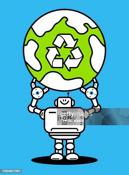 ilustraciones, imágenes clip art, dibujos animados e iconos de stock de un robot de inteligencia artificial sostiene un planeta tierra con un símbolo de reciclaje - desertificación