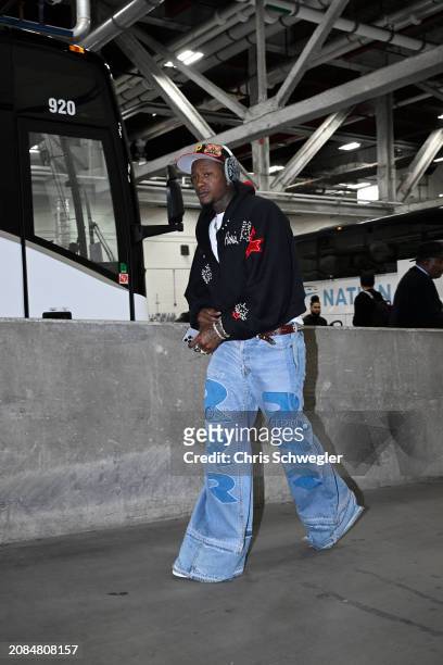 Terry Rozier of the Miami Heat arrives to the arena before the game on March 17, 2024 at Little Caesars Arena in Detroit, Michigan. NOTE TO USER:...