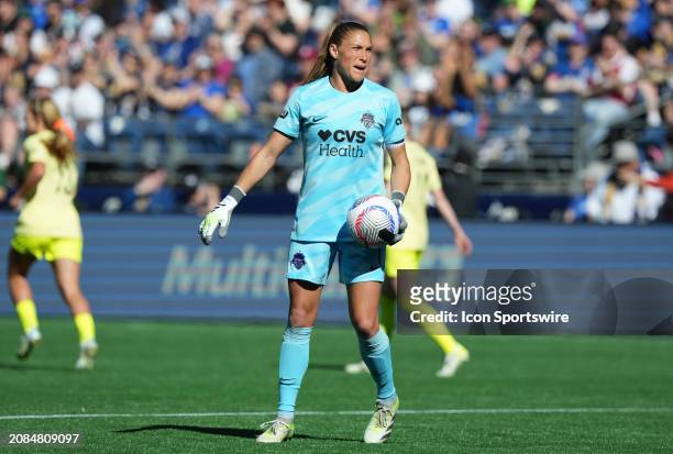 Washington Spirit goalkeeper Aubrey Kingsbury in action during a NWSL game between the Seattle Reign FC and the Washington Spirit on March 17, 2024...