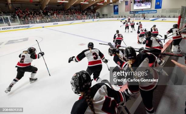 Wisconsin-River Falls Falcons players celebrate after winning the Division III Women's Ice Hockey Championship held at Hunt Arena on March 17, 2024...