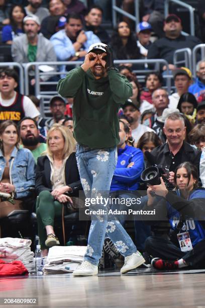 Trae Young of the Atlanta Hawks celebrates during the game against the LA Clippers on March 17, 2024 at Crypto.Com Arena in Los Angeles, California....