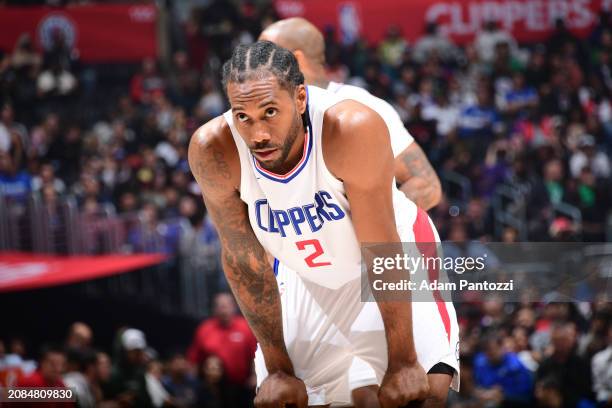 Kawhi Leonard of the LA Clippers looks on during the game against the Atlanta Hawks on March 17, 2024 at Crypto.Com Arena in Los Angeles, California....