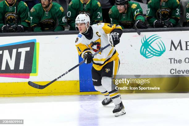 Wilkes-Barre/Scranton Penguins defenseman Taylor Fedun passes the puck during the third period of the American Hockey League game between the...