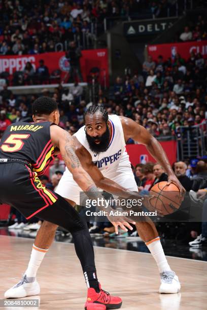 James Harden of the LA Clippers handles the ball during the game against the Atlanta Hawks on March 17, 2024 at Crypto.Com Arena in Los Angeles,...