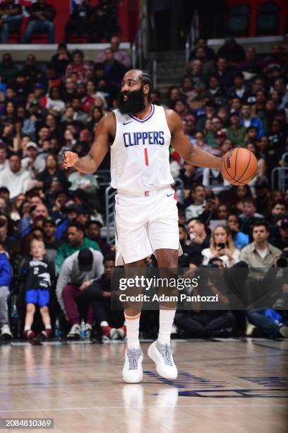 James Harden of the LA Clippers dribbles the ball during the game against the Atlanta Hawks on March 17, 2024 at Crypto.Com Arena in Los Angeles,...