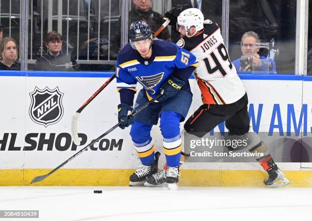 St. Louis Blues defenseman Matthew Kessel goes after a loose puck with pressure from Anaheim Ducks leftwing Max Jones during a NHL game between the...