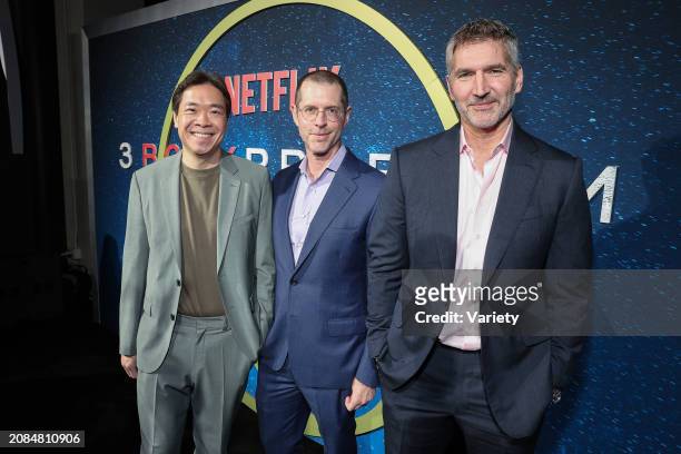 Alexander Woo, D.B. Weiss and David Benioff at the Netflix's "3 Body Problem" Los Angeles Premiere at the NYA West on Sunday, March 17, 2024 in Los...