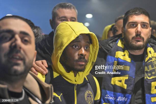 Bright Osayi-Samuel of Fenerbahce arrives in Sabiha Gokcen Airport as fans welcome players after the eventful Turkish Super Lig week 30 match against...