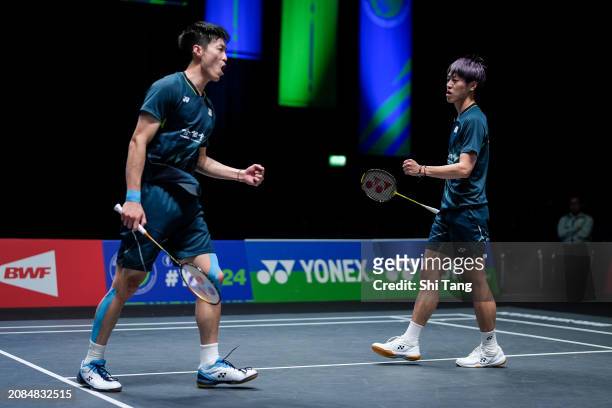 Lee Jhe-Huei and Yang Po-Hsuan of Chinese Taipei react in the Men's Doubles Second Round match against Liu Yuchen and Ou Xuanyi of China during day...
