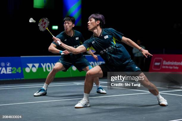 Lee Jhe-Huei and Yang Po-Hsuan of Chinese Taipei compete in the Men's Doubles Second Round match against Liu Yuchen and Ou Xuanyi of China during day...