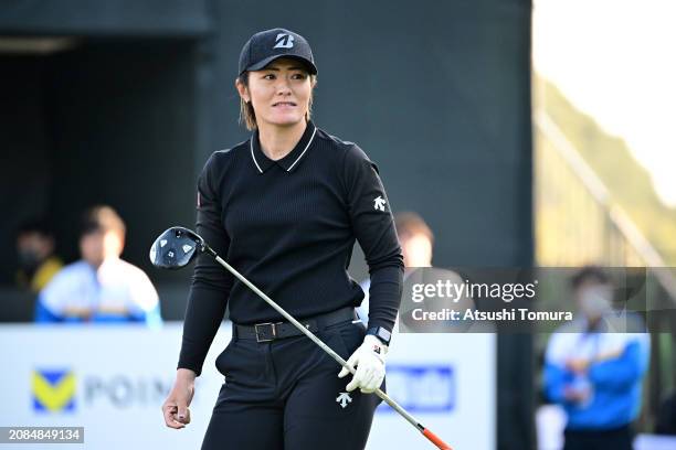 Ayaka Watanabe of Japan reacts after her tee shot on the 1st hole during the first round of V POINT x ENEOS GOLF TOURNAMENT at Kagoshima Takamaki...