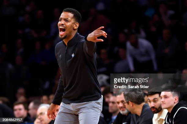 Head coach Kim English of the Providence Friars directs his team in the first half against the Creighton Bluejays during the Quarterfinals of the Big...