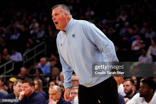 Head coach Greg McDermott of the Creighton Bluejays directs his team in the first half against the Providence Friars during the Quarterfinals of the...