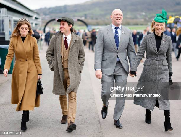 Princess Beatrice, Edoardo Mapelli Mozzi, Mike Tindall and Zara Tindall attend day 3 'St Patrick's Thursday' of the Cheltenham Festival at Cheltenham...