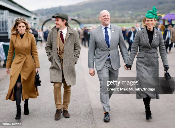 Princess Beatrice, Edoardo Mapelli Mozzi, Mike Tindall and Zara Tindall attend day 3 'St Patrick's Thursday' of the Cheltenham Festival at Cheltenham...