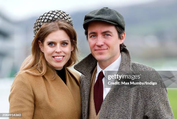 Princess Beatrice and Edoardo Mapelli Mozzi attend day 3 'St Patrick's Thursday' of the Cheltenham Festival at Cheltenham Racecourse on March 14,...