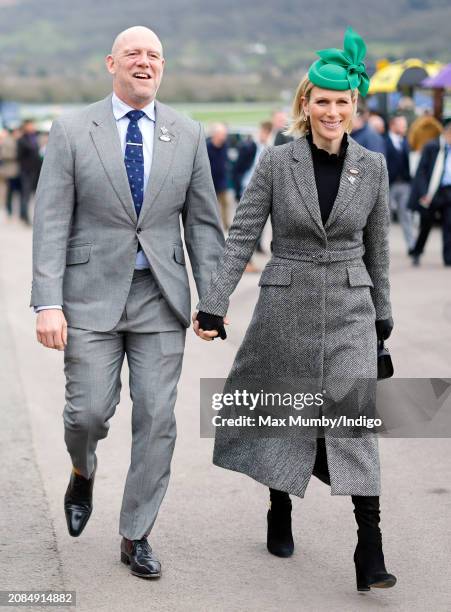 Mike Tindall and Zara Tindall attend day 3 'St Patrick's Thursday' of the Cheltenham Festival at Cheltenham Racecourse on March 14, 2024 in...