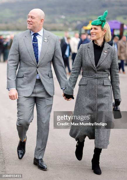 Mike Tindall and Zara Tindall attend day 3 'St Patrick's Thursday' of the Cheltenham Festival at Cheltenham Racecourse on March 14, 2024 in...