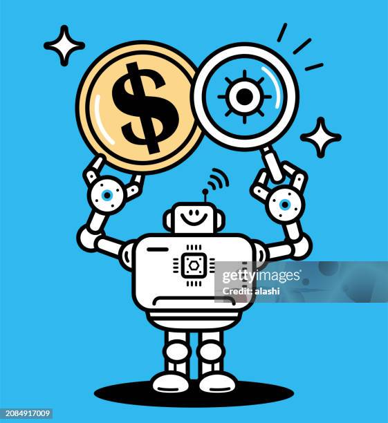 an artificial intelligence robot examines the gold money coin with a magnifying glass - financial analyst stock illustrations
